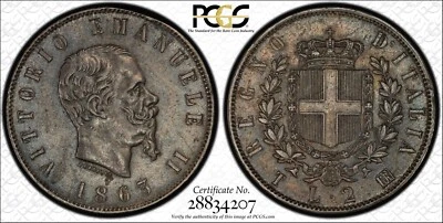 ITALY KINGDOM  1863-T-BN  2 LIRE SILVER COIN, SCARCE DATE, CERTIFIED PCGS XF45 - Image 1 of 4