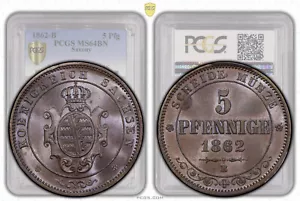 Germany, Saxony, Johann, 5 Pfennige 1862 B, PCGS MS 64 BN - Picture 1 of 8