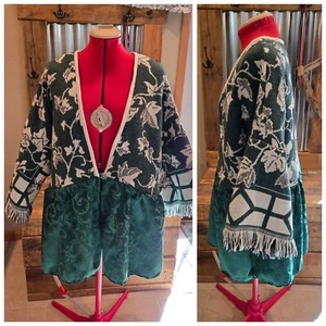 Upcycled Blanket Coat XL Green Ivy Damask Peplum Don't Throw It Out - Picture 1 of 6