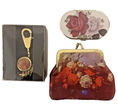 Vtg Rose Lot Gold Tone Small Victorian Clutch Purse Compact Mirror New Keychain❤ - Image 1 of 4