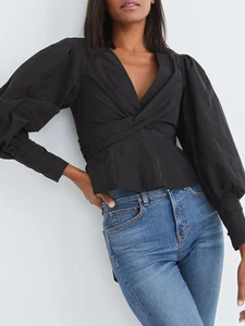 Veronica Beard‌ Womens Self-tie Strap V-neck Bubble Sleeve Solid Color Shirt - Picture 1 of 18