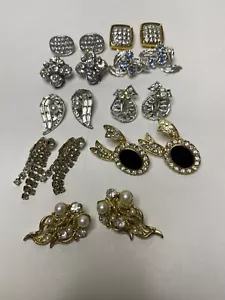 Lot Of 9 Gold & Silver Tone Mostly Rhinestone Clip On Earrings #2 - Picture 1 of 7