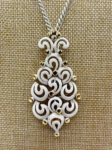 Vintage Monet Pendant Necklace 1974 Mantilla White Enameled Articulated W/ Chain - Picture 1 of 8