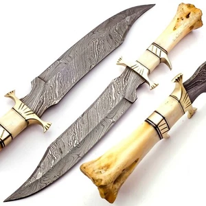 Handmade Damascus Bowie Knife Sharp Blade Camel Bone Handle With Leather Sheath - Picture 1 of 10