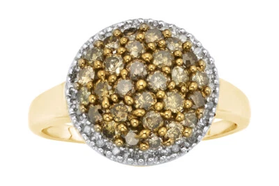 Anillo en racimo de plata 925 enchapado en oro amarillo de 14 k con diamantes blancos y champán de 1 quilates Foto 1 de 2