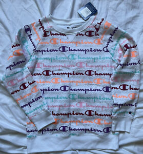 Kids Champion  Sweatshirt. White With Multicolored Logo. Size: Large