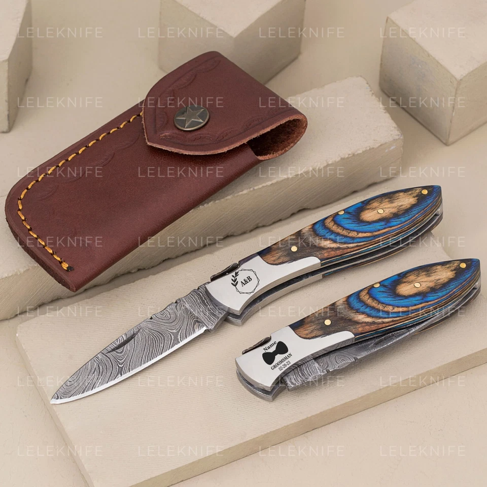 Cuchillo de Bolsillo Plegable Damasco Hecho a Mano Camping Caza Skinner Cuchillo con Bolsa Foto 1 de 2