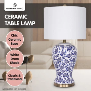 Sarantino Table Lamp Ceramic Floral Base Cotton Drum Shade Reading Light - Picture 1 of 7