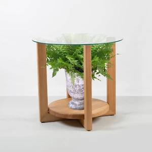 Rikmani Couchtisch rund FLORA mit Glasplatte Echtholz handgefertigt Massivholz - Bild 1 von 9