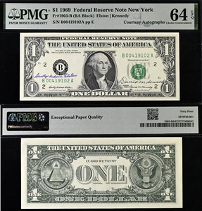 1969 $1 Federal Reserve Note - PMG 64EPQ - Courtesy Autographs Elston-Kennedy - Picture 1 of 3