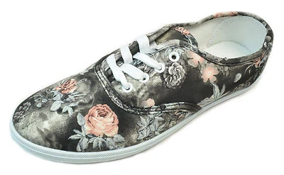 Zapatillas Tenis Mujer Gris Rosa Estampado Floral Lona Con Cordones Plimsoll Foto 1 de 3
