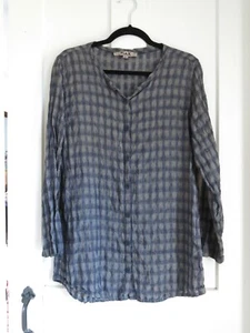 FLAX Linen Button Down Long Sleeve Shirt P XS Black/Tan Plaid Lagenlook Tunic - Picture 1 of 7