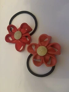 2 Hair Bands ribbon looped flowers RED CORAL - Picture 1 of 1