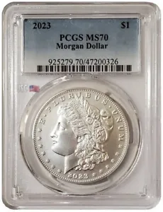 2023-P $1 MORGAN DOLLAR PCGS MS70 Blue Flag Label Silver Coin. - Picture 1 of 3