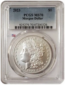 2023-P $1 MORGAN DOLLAR PCGS MS70 Blue Flag Label Silver Coin. - Picture 1 of 3