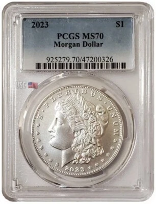 2023-P $1 MORGAN DOLLAR PCGS MS70 Blue Flag Label Silver Coin. - Image 1 of 3