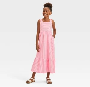 Girls' Striped Knit Maxi Dress - Cat & Jack™ Neon Pink L 10/12 - Picture 1 of 3