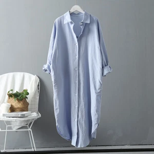 Lady T Shirt Dress Button Down Cotton Linen Blouse Tops Loose Baggy Kaftan Maxi - Picture 1 of 15