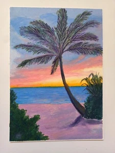 Original Öl Pastell Meereslandschaft Gemälde Tropisch Meer Sonnenuntergang Strand mit Palme - Bild 1 von 17