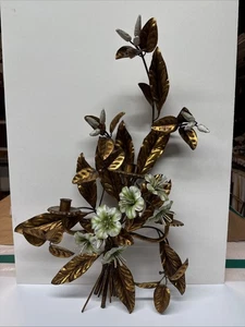 Italian Toleware Scone Candleholder Magnificent Gold White Green Lilies Hibiscus - Picture 1 of 24
