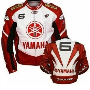 Chaqueta de cuero real Yamaha roja y blanca para hombre - Nueva elegante cuero genuino BiKe - Imagen 1 de 3