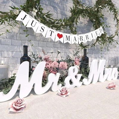 Large White Wooden Mr & Mrs Sign with Just Married Banner White Sweetheart Table - Image 1 of 4