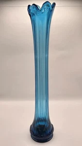 15" 6 Finger Pulled Swung Vase Peacock Teal Blue MCM Vintage Small Chip On Base - Picture 1 of 12