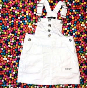 DKNY sz 5 Girls Youth White Cotton Stretch Denim Jeans Overalls Dress Jumper - Picture 1 of 5