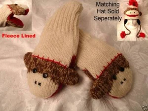 SOCK MONKEY MITTENS knit animal ADULT mens womens fleece LINED trench coat BROWN - Picture 1 of 1