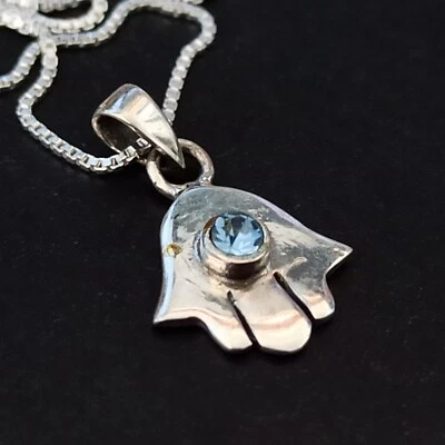 Collar Hamsa Plata Azul Mano de Fátima Modernista Minimalista Pequeño 925 Regalo Foto 1 de 4