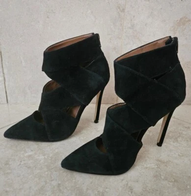 Steve Madden Pointed Toe Ankle Booties Sz 6 Black Suede Stiletto High Heel Shoes - Imagem 1 de 4