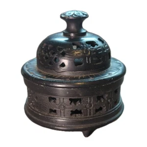 Vintage Black Soapstone Hand Carved Footed Incense Burner Box Round Asian - Picture 1 of 7