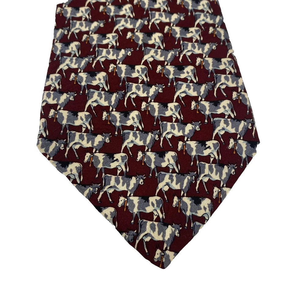 Corbata hecha a mano de novedad con estampado de vaca de seda borgoña artefactos de museo para hombre Foto 1 de 4