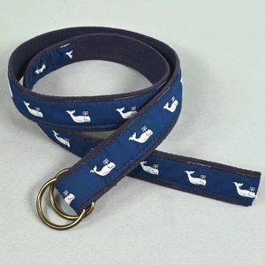 Cinturón de cuero vintage de hombre Essex CT tela azul y anillos de latón dobles ballenas blancas - Imagen 1 de 8