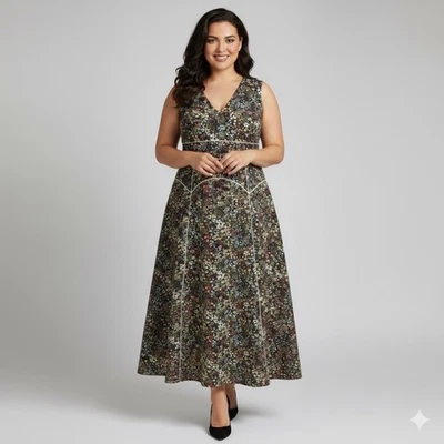 eShakti Floral Maxi Dress Women XL Black A Line Plunge V Neck Sleeveless Event - Image 1 of 4