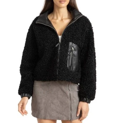Blank NYC Mujeres XL Negro Chaqueta de Bombardero Borde de Cuero Imitación Piel de Oveja NUEVA Foto 1 de 4