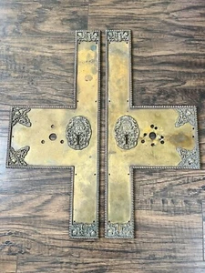 Antikes Paar große französische Messing Türplatten Halterung Hardware Cherubs Grundplatten - Bild 1 von 10