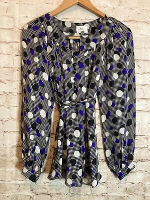 Blusa de seda vintage Milly of NY feminina 4 cobalto retrô bolinhas manga folhada com cinto - Imagem 1 de 4