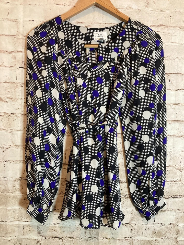 Top de seda vintage Milly of NY para mujer 4 lunares retro cobalto manga abullonada cinturón Foto 1 de 4