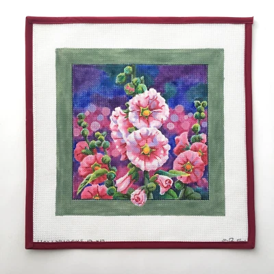 BARBARA FOX Handpainted Needlepoint Canvas Flowers Pink Hollyhocks Buds 14 Mesh - Image 1 of 2