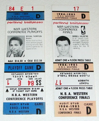 PORTLAND TRAIL BLAZERS 1984 + 1985 PLAYOFF TICKETS MYCHAL THOMPSON & D VALENTINE Cover
