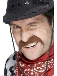 Brown Cowboy Moustache Mens Wild West Western Fancy Dress Accessory - Picture 1 of 2