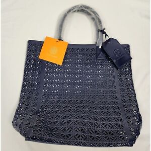 Tory Burch Lattice Perforated Navy Blue Tote Bag NWT