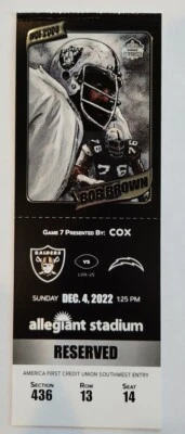 Los Angeles Chargers Las Vegas Raiders Ticket Stub 12/4/22  Bob Brown #14 HOF - Image 1 of 2