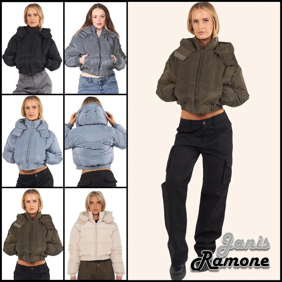 Womens Cropped Puffer Jacket Hooded Long Sleeve Side Pockets Winter Padded Coat - Image 1 of 1