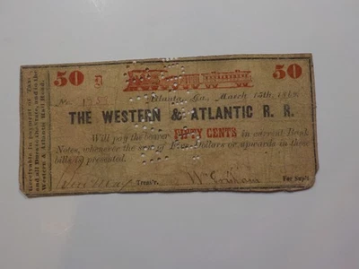 Civil War Confederate 1862 50 Cents Note Western & Atlantic Railroad Georgia - Image 1 of 2