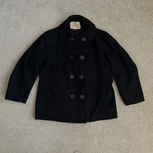 US Navy Double Breasted Pea Coat Wool Mens LARGE Black Anchor Buttons Made USA - Picture 1 of 13