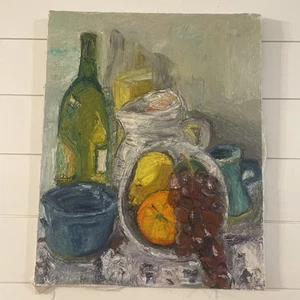 Vtg Oil Canvas Still Life Fruit Bowl Wine Kitchen Bright Signed Textured 16x20 - Picture 1 of 8