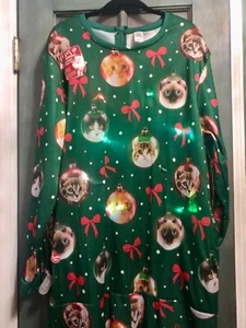 NWT Christmas Cheer Union Suit in Green w/ Cat Ornaments Light Up Size Large  - Picture 1 of 6