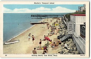 OAK BLUFFS, MASS - Martha's Vineyard Island Bathing Beach - 1948 Teich Postcard - Picture 1 of 2